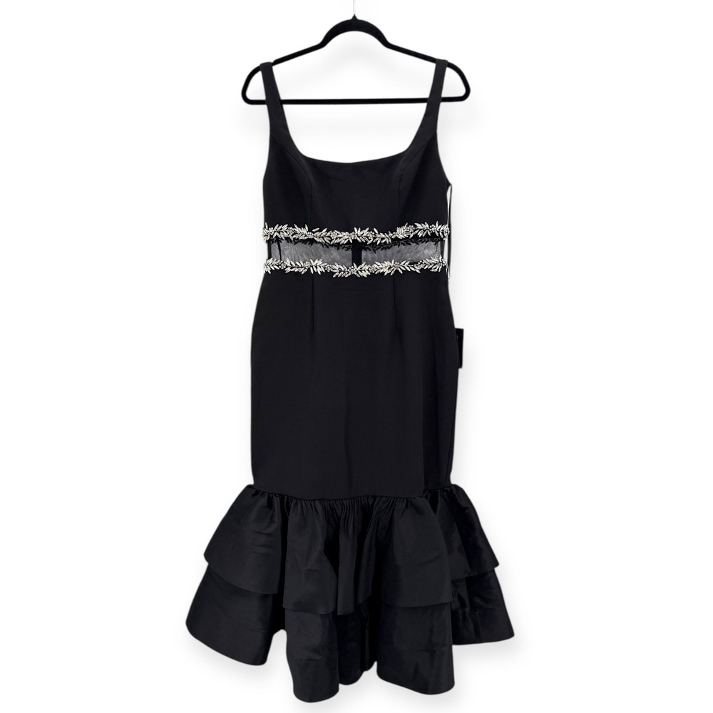 NWT Mac Duggal Black‎ Crepe Ruffle Hem Midi Dress With Jewel Detail - Size 8 - Picture 5 of 14